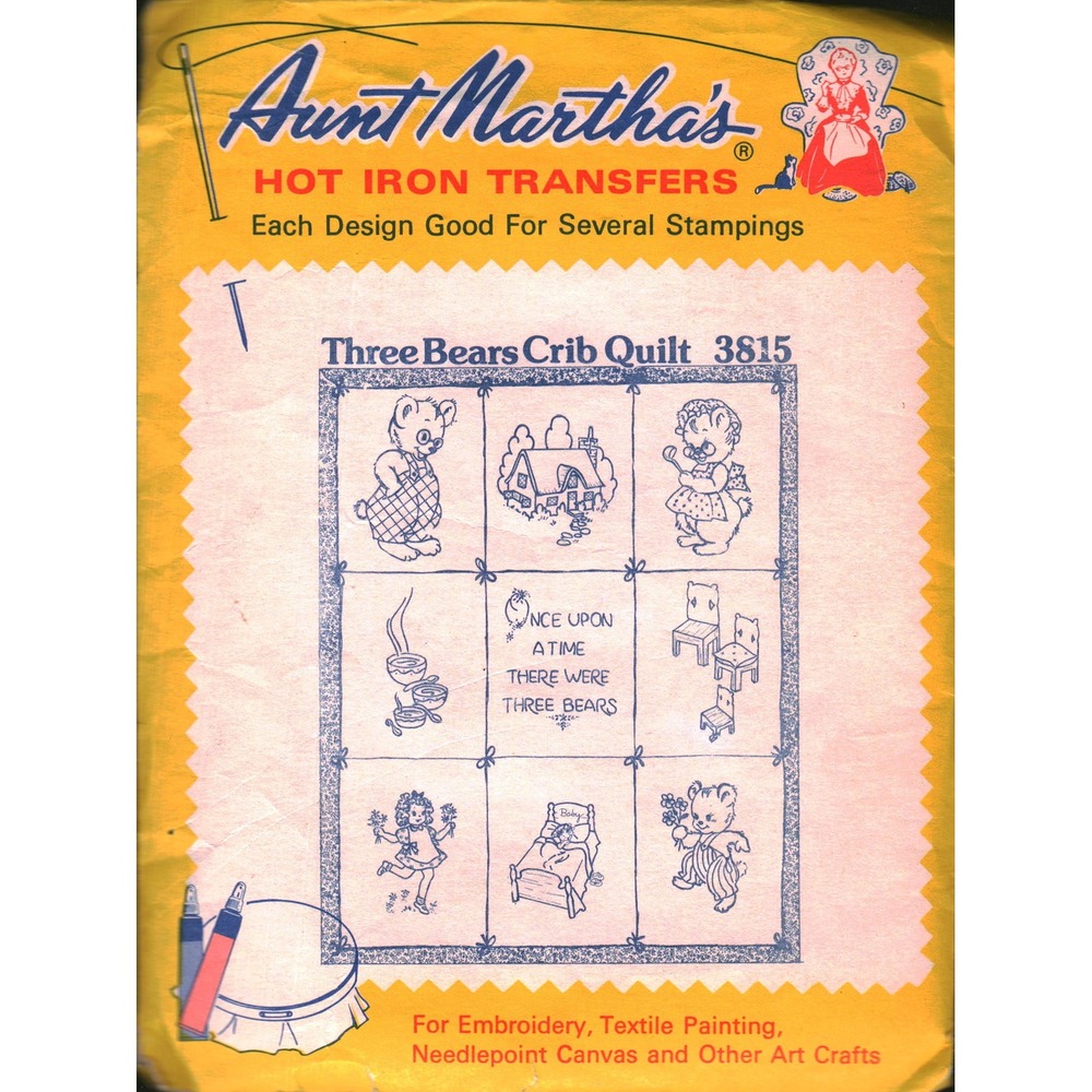 Aunt Martha's Hot Iron Transfers Three Bears Crib Quilt 3815 Vintage Embroidery